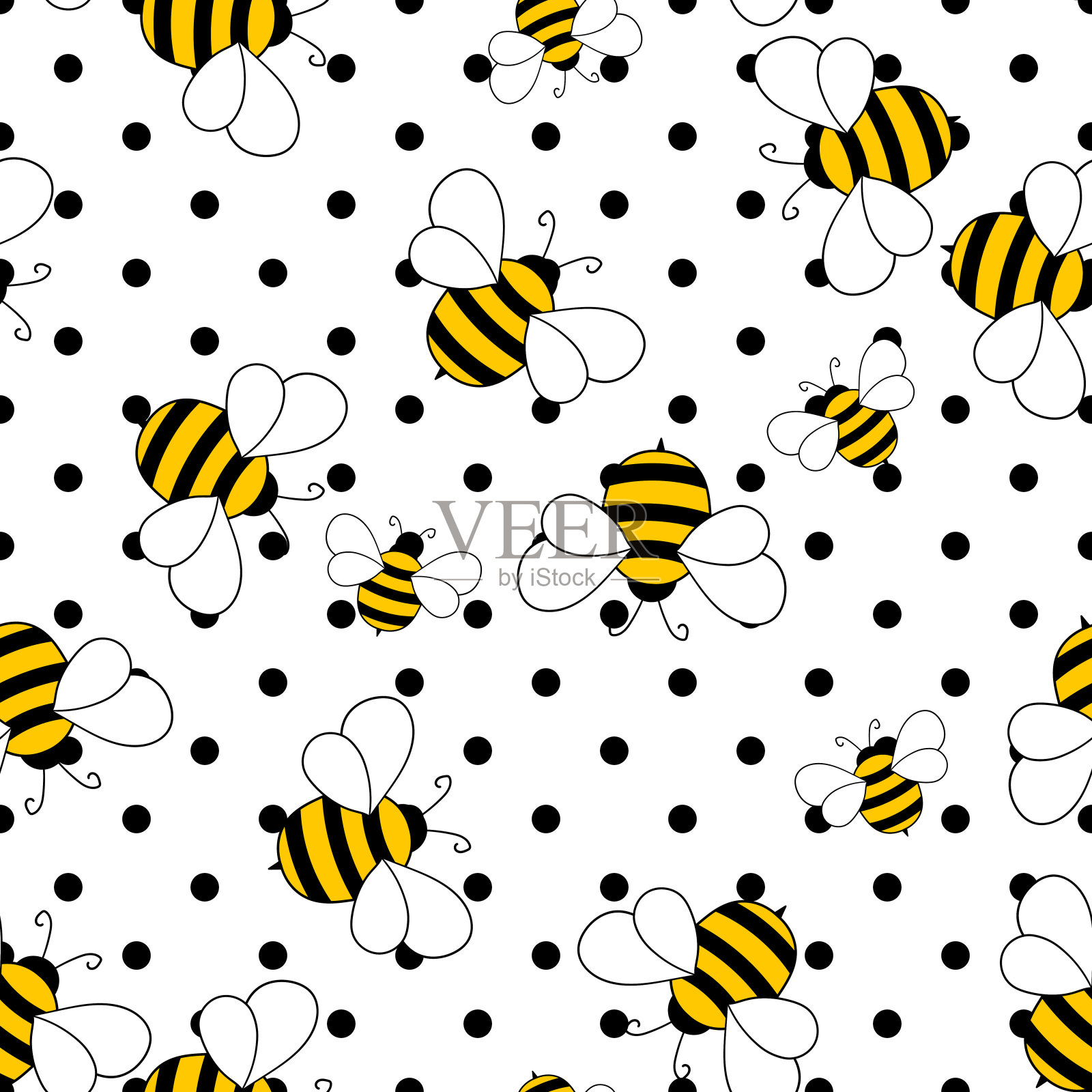 无缝图案与蜜蜂在白色圆点背景。小黄蜂。矢量插图。可爱的卡通人物。模板设计的邀请，卡片，纺织品，织物。涂鸦风格插画图片素材