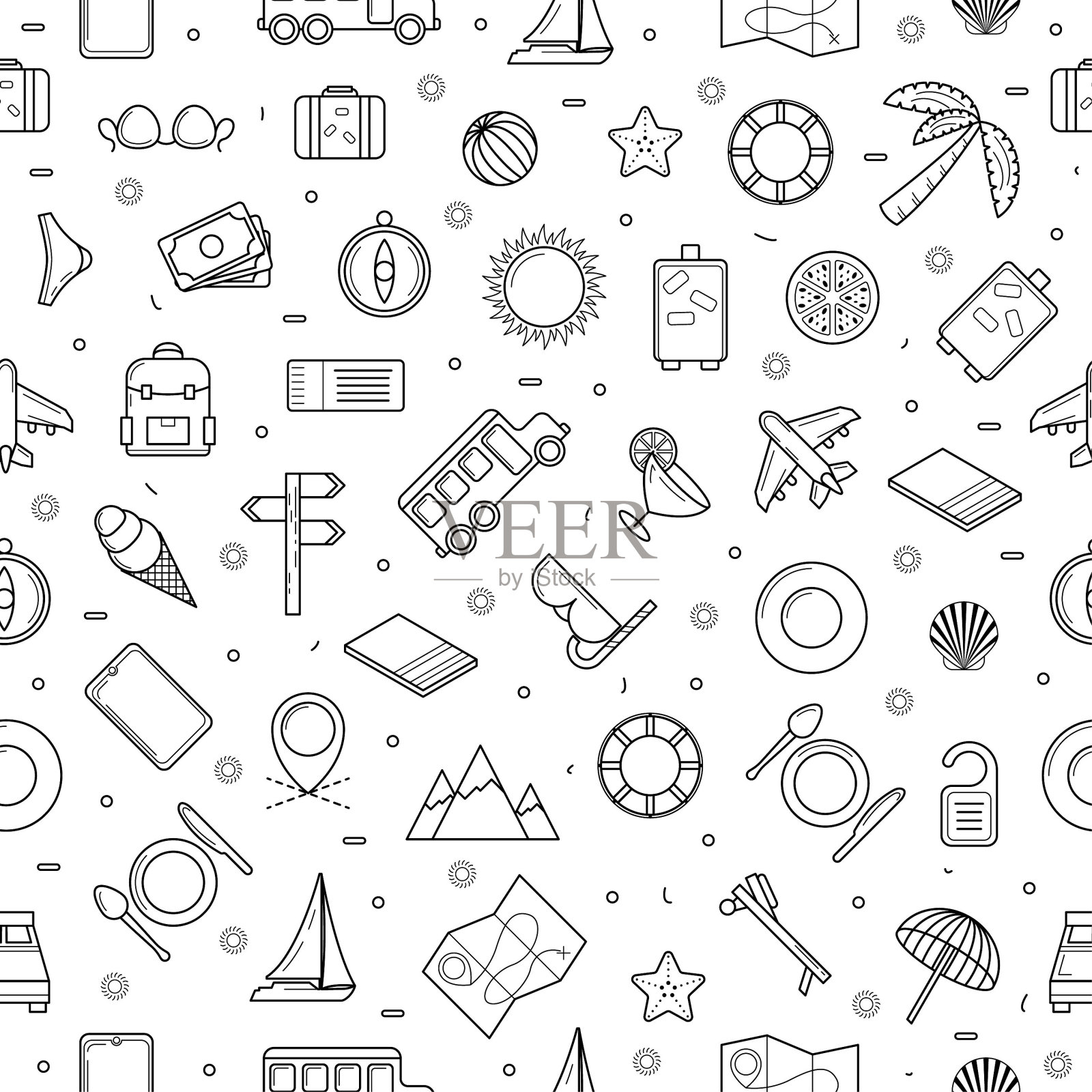 无缝图案抽象涂鸦元素手绘集合旅游旅游素描向量设计风格背景夏季鸡尾酒床飞机相机海星伞背包指南针插图插画图片素材