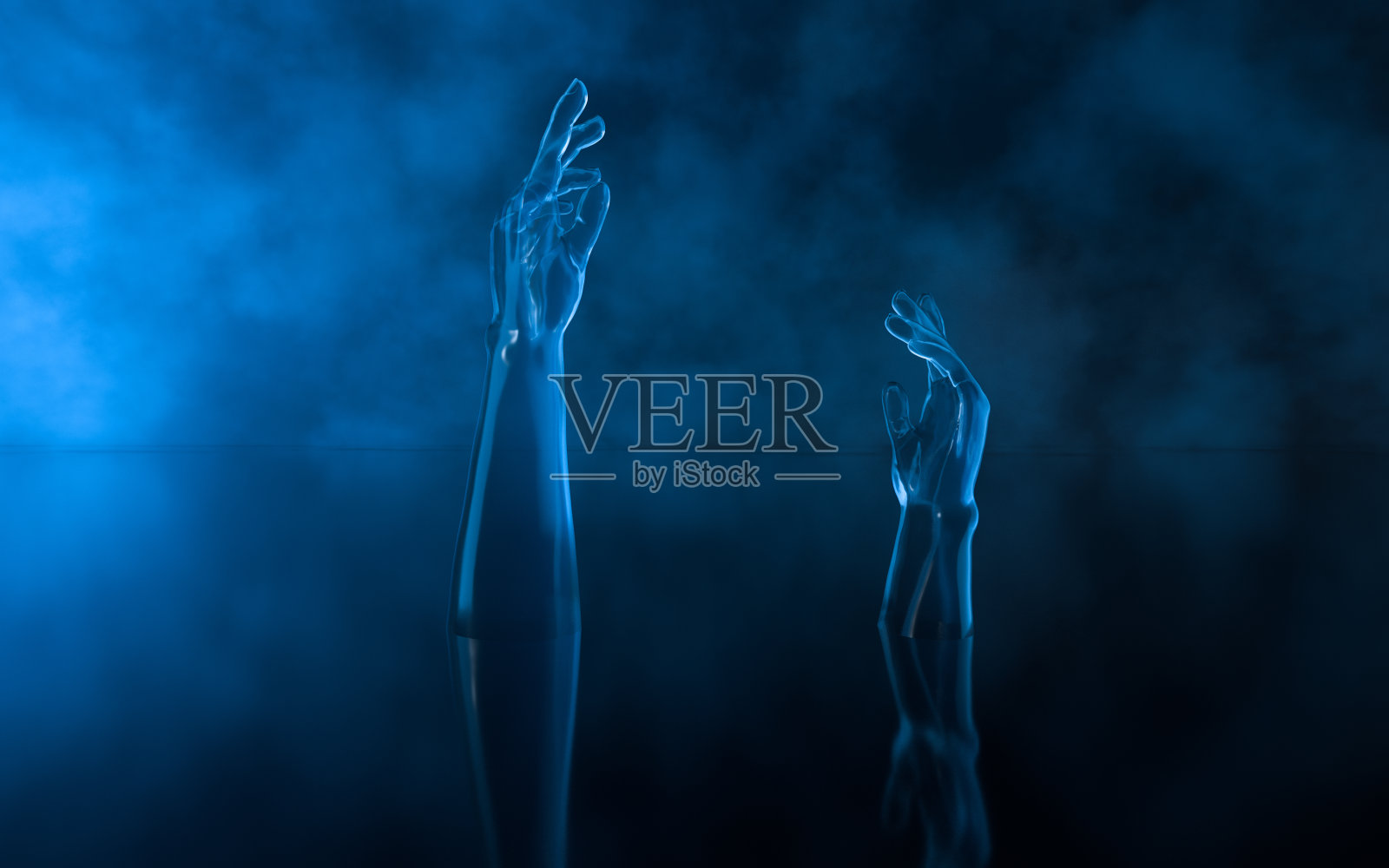 手雕塑与雾背景，3d渲染。照片摄影图片