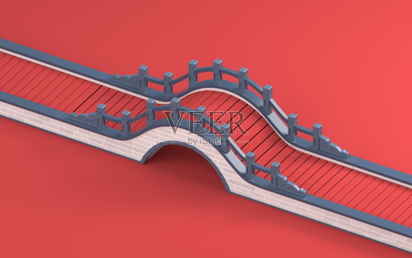 中国风红色背景桥梁3D渲染照片摄影图片