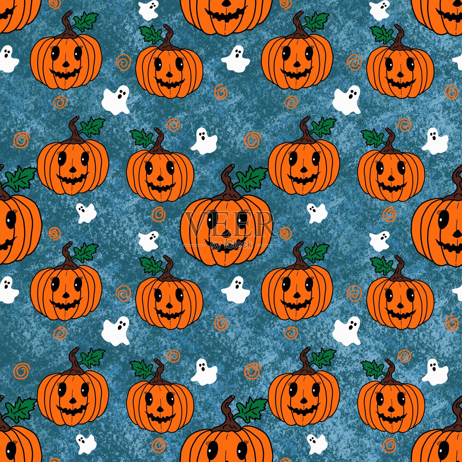 蓝色背景下有趣的南瓜。万圣节的概念。无缝模式。为包装纸和其他东西设计。手绘卡通插图。插画图片素材