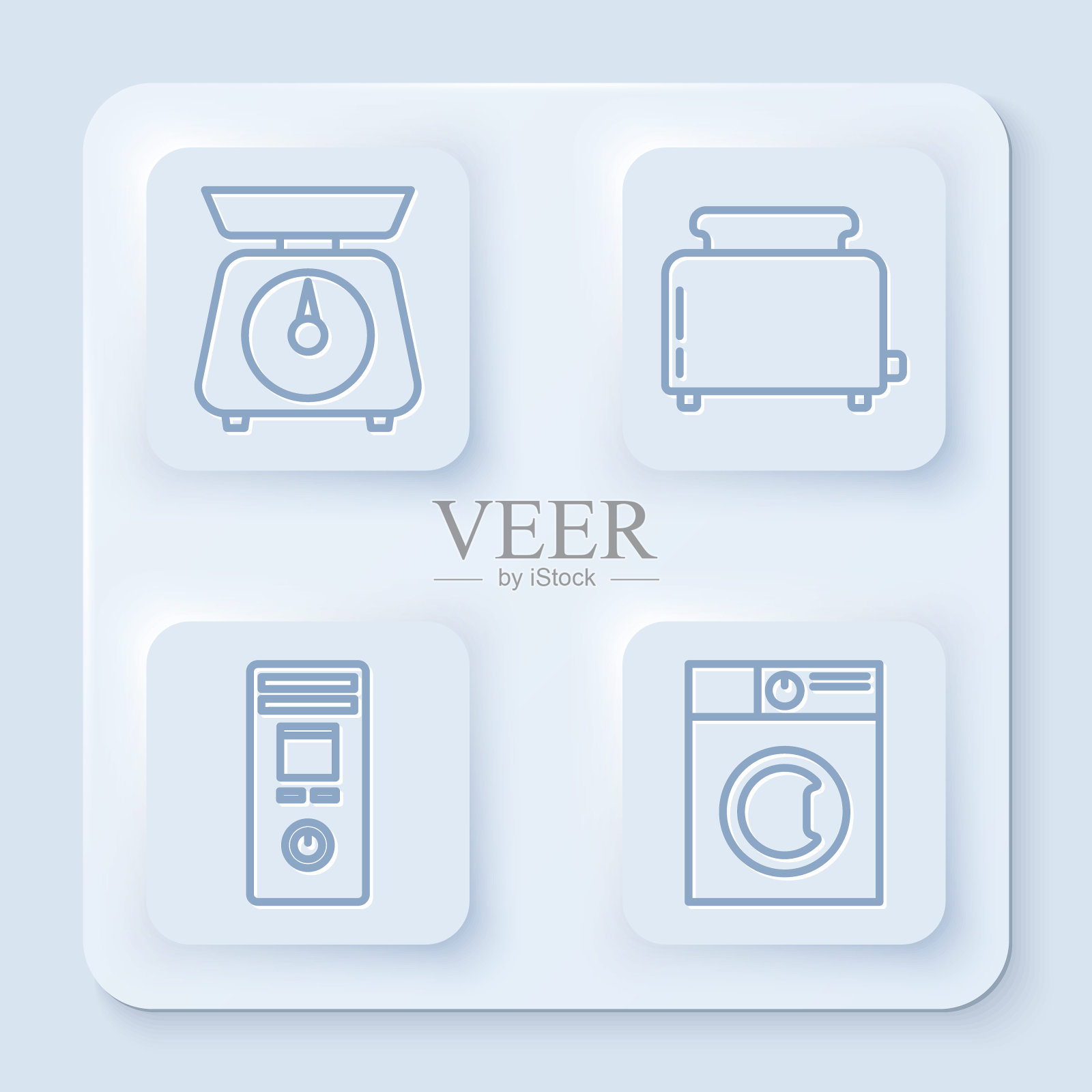 设置线秤，烤面包机，遥控器和洗衣机。白色正方形按钮。向量插画图片素材