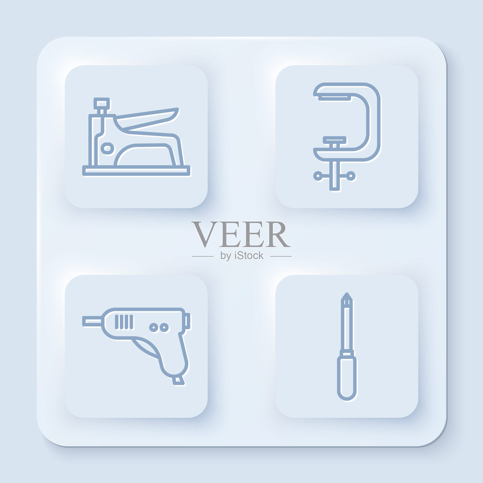 订线机，夹紧螺丝工具，电热胶枪，螺丝起子。白色正方形按钮。向量图标素材
