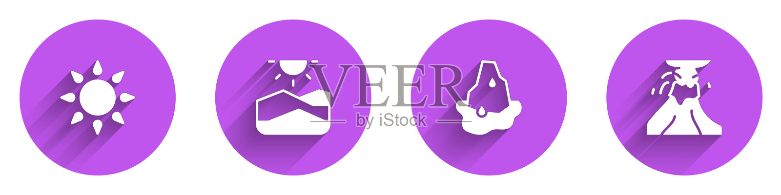 日落，干旱，冰川融化和火山喷发熔岩图标与长阴影。向量图标素材