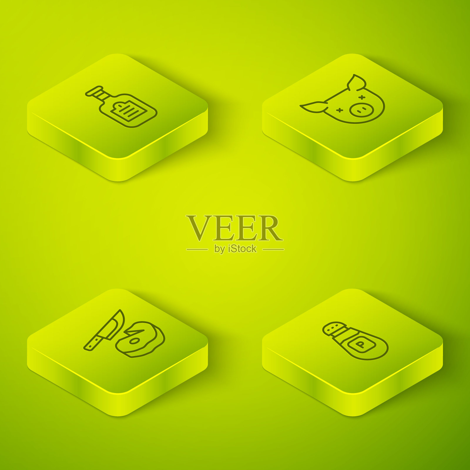 设置等距线猪，牛排肉和刀，胡椒和酱瓶图标。向量图标素材