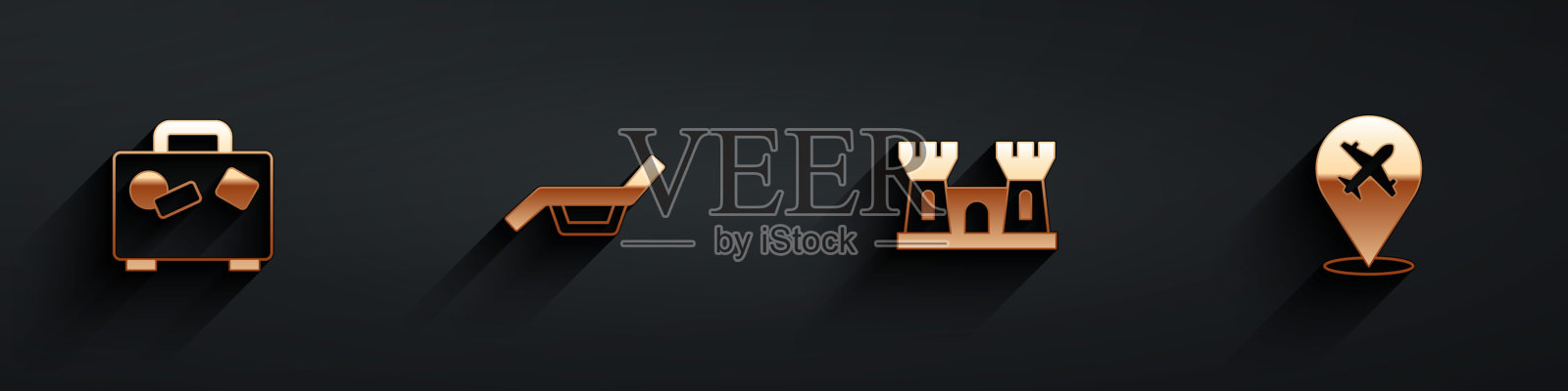 设置手提箱，日光浴床和伞，沙城堡和飞机图标与长影子。向量插画图片素材