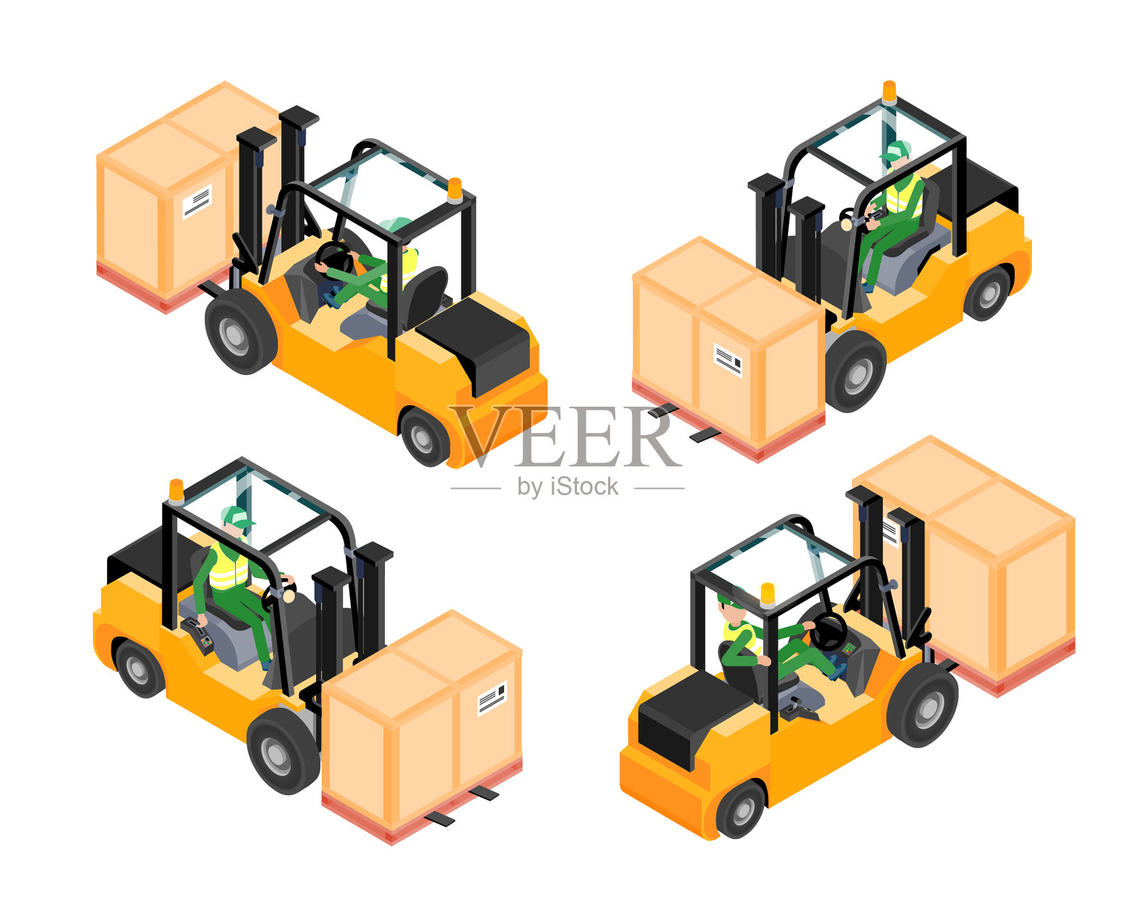 等距叉车装载在所有视图与司机插画图片素材