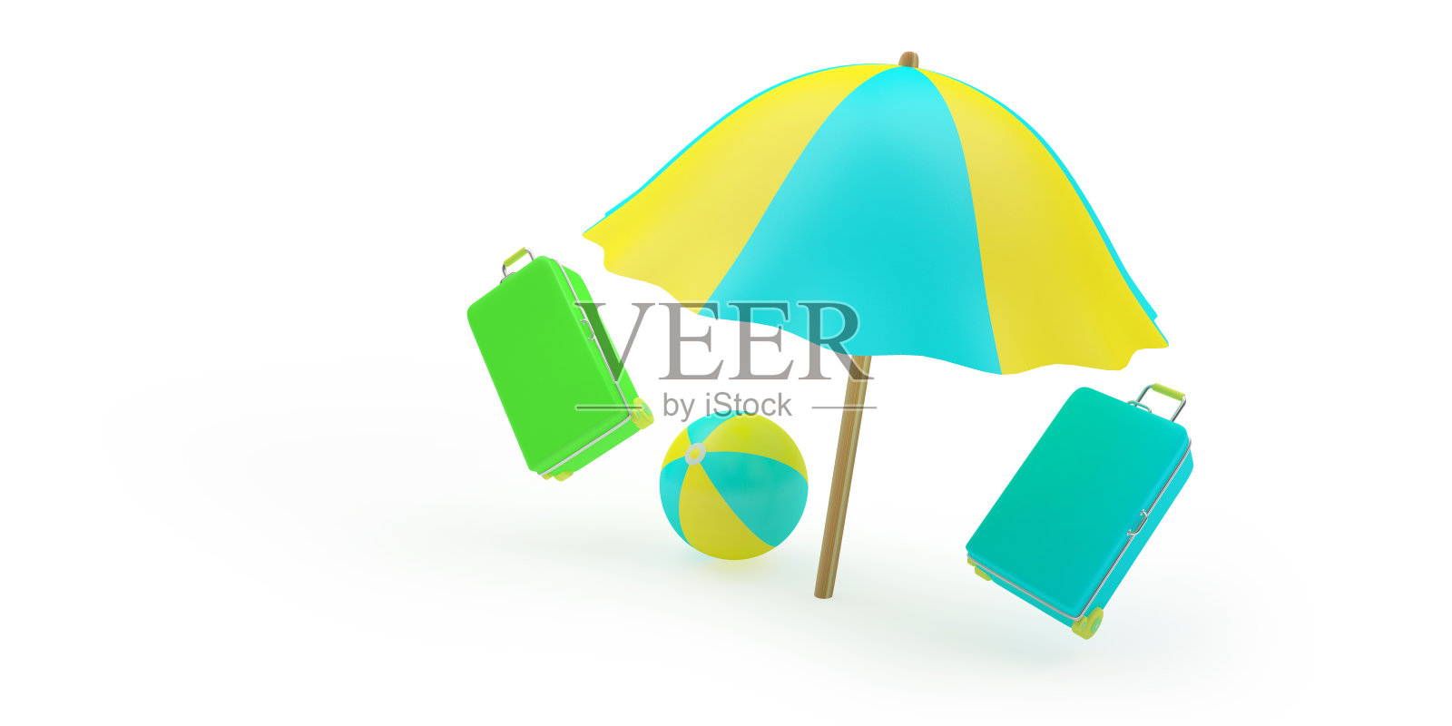 沙滩伞，球和旅行箱照片摄影图片