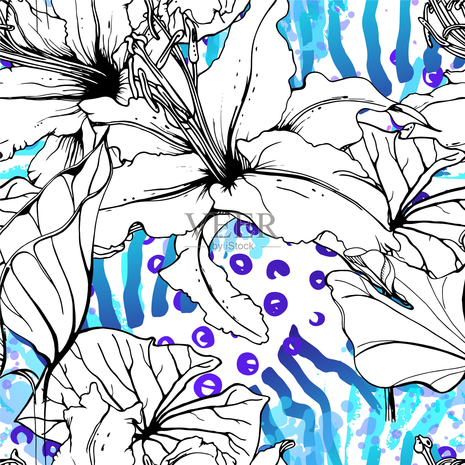 花卉黑白图案现代水彩画插画图片素材