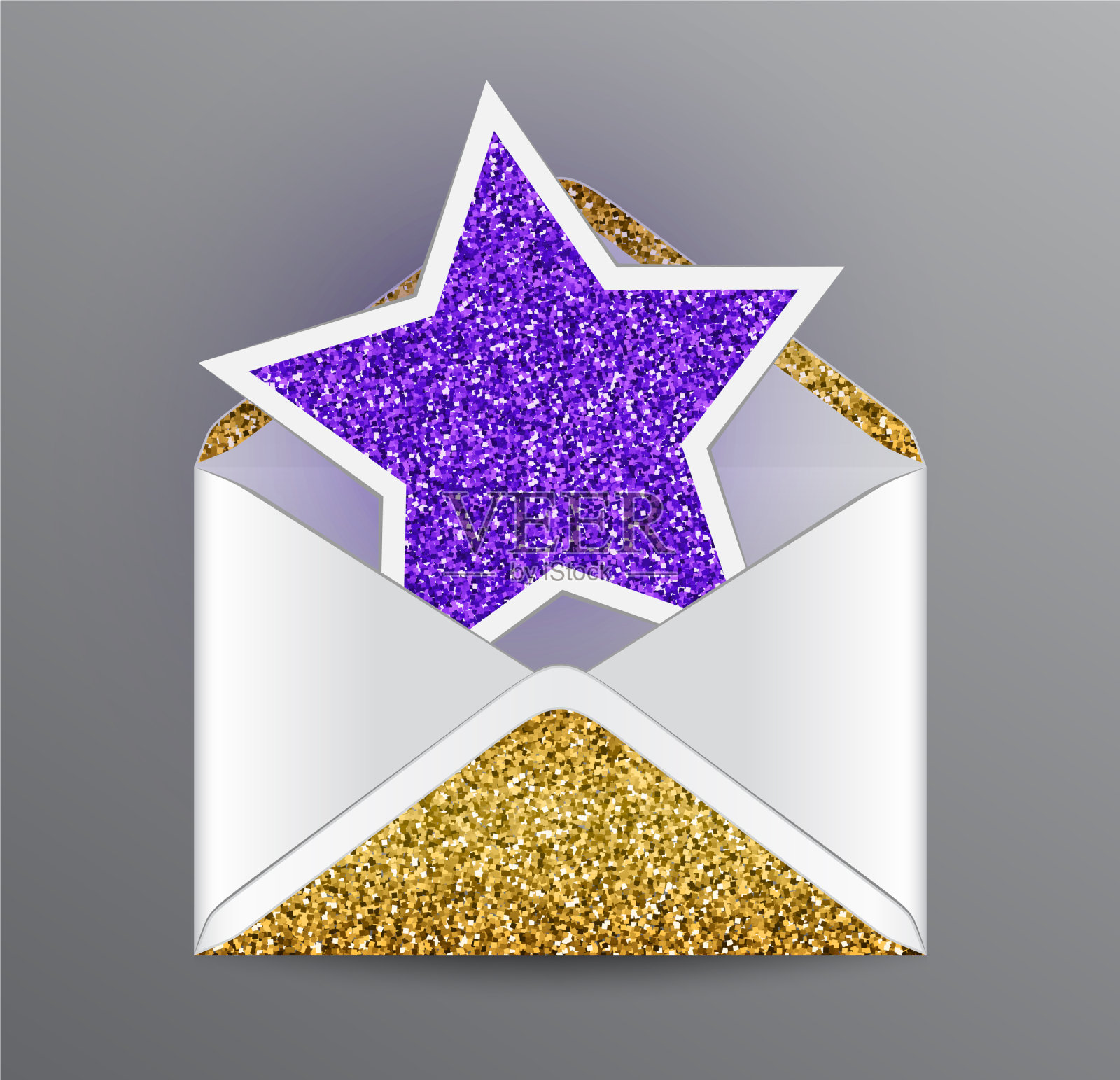 打开的信封与金色闪闪发光的元素插画图片素材