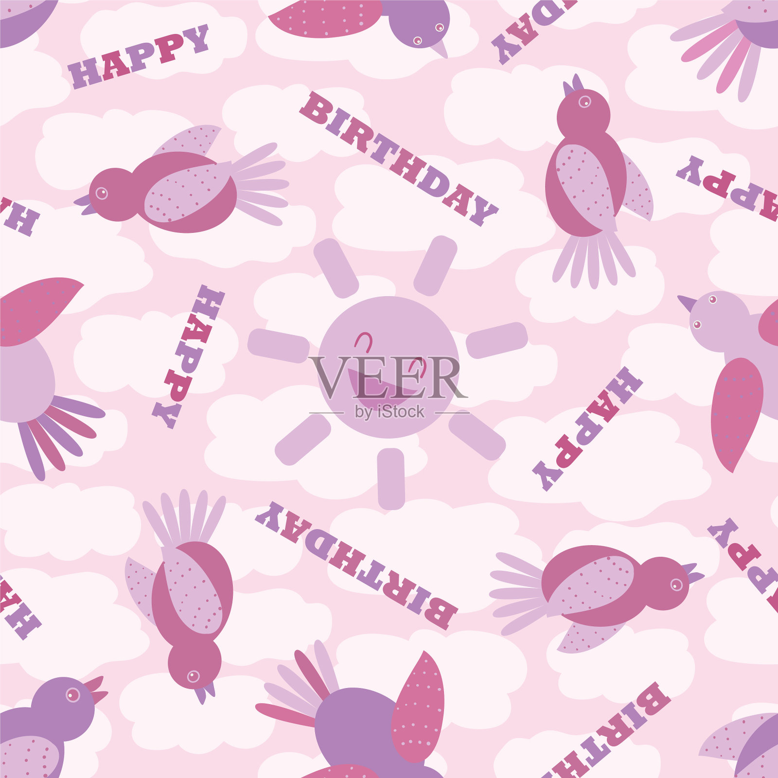 生日快乐，卡通小鸟和欢笑的太阳插画图片素材