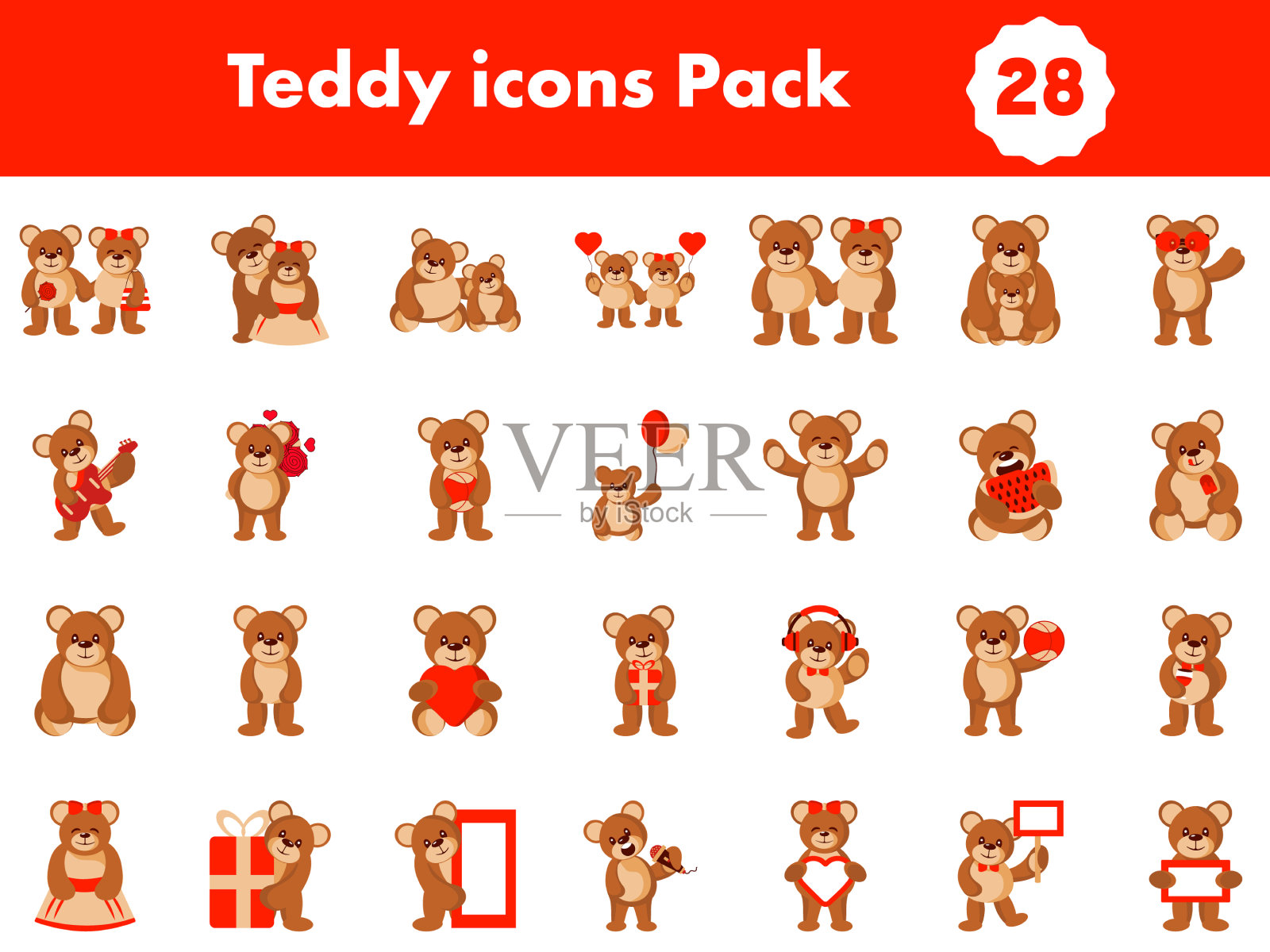 设置红色和棕色的泰迪熊图标插画图片素材