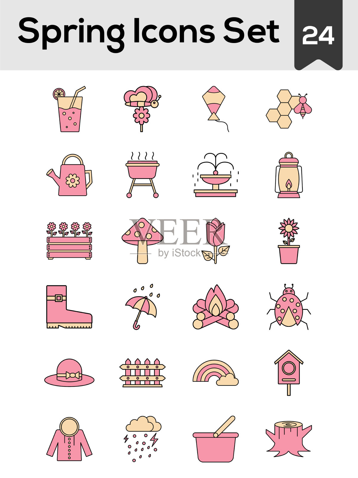 扁平风格的春天图标设置在粉红色和桃红色图标素材