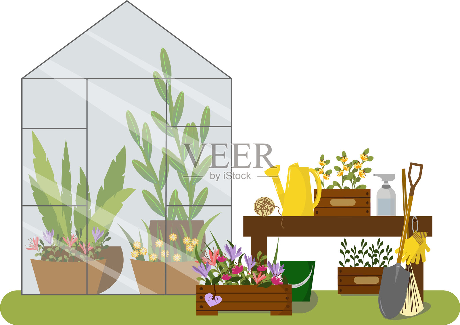 温室园艺工具绿色植物和花卉设计元素图片