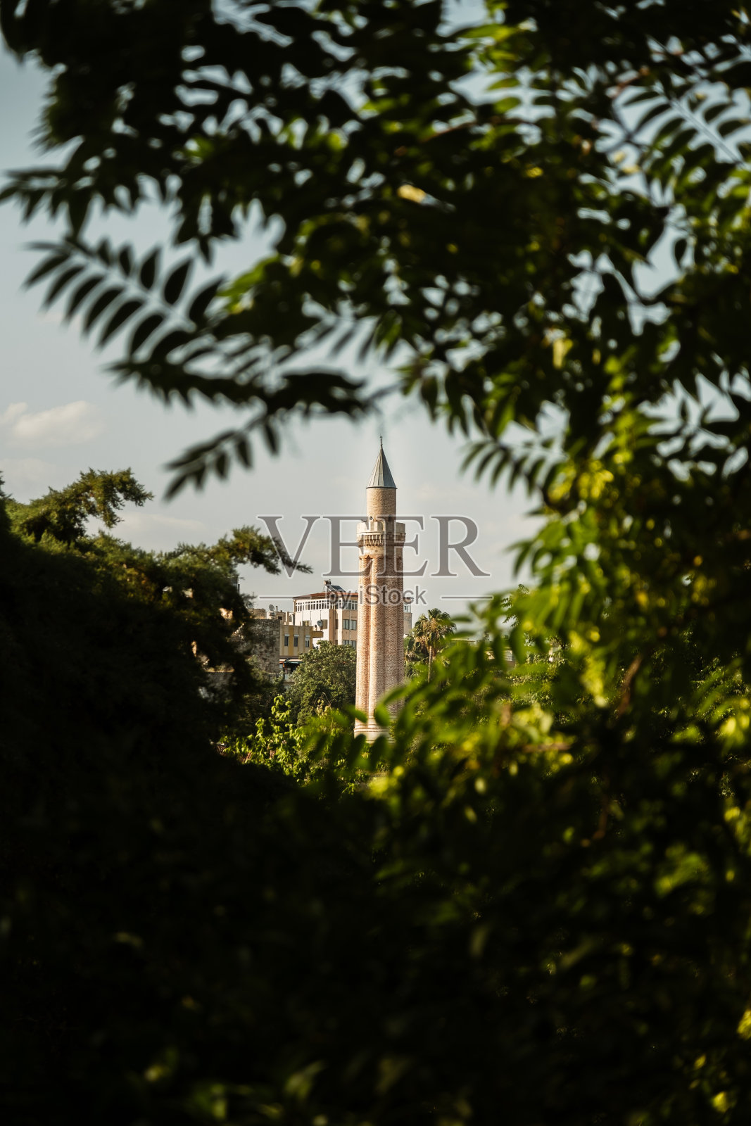 安塔利亚伊夫里尖塔的景色被绿色的树叶包围着照片摄影图片