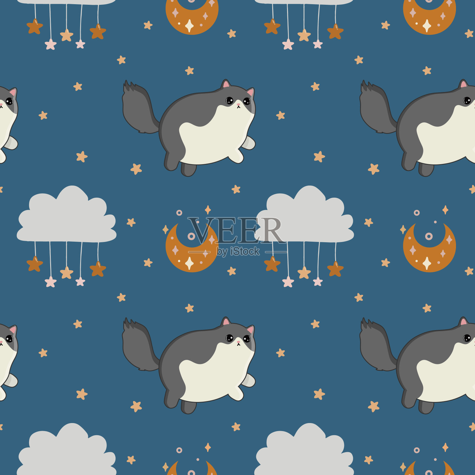 无缝矢量图案猫，星星和月亮。时尚的婴儿纹理织物，墙纸，服装，包装插画图片素材