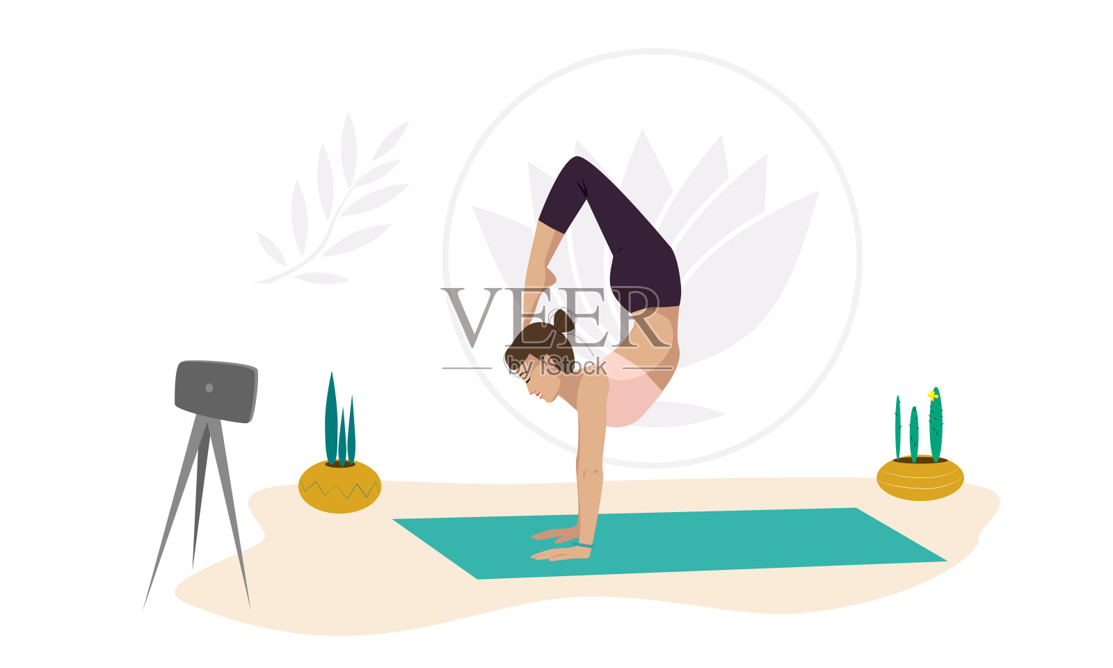 一个女孩瑜伽教练在网上展示练习插画图片素材