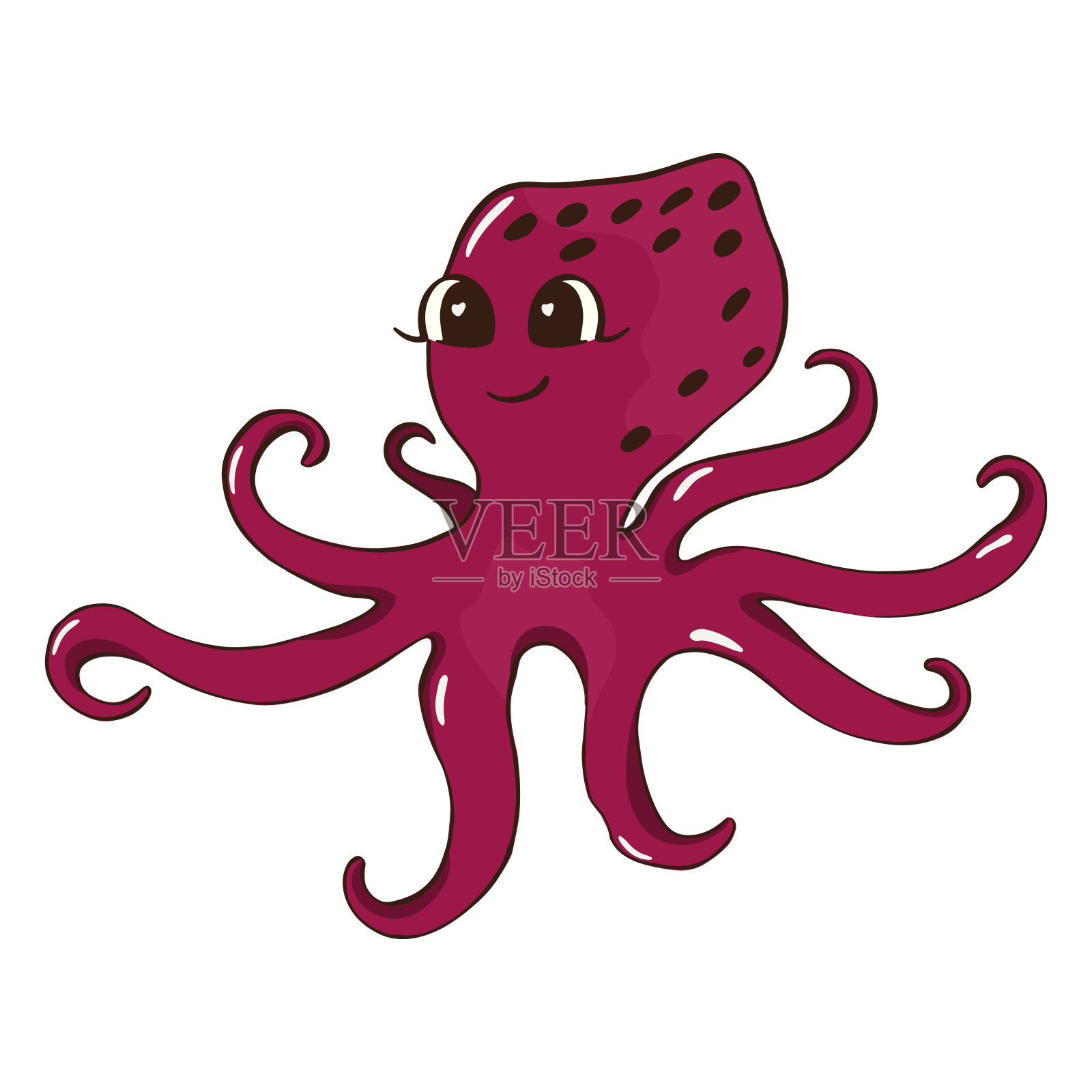 章鱼。矢量插图卡通风格。可用作贴纸、贴花、装饰儿童的房间。在白色背景上隔离插画图片素材