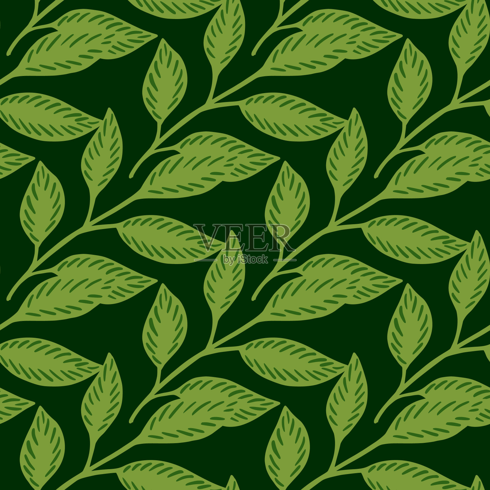 绿色植物无缝格局与绿色的叶枝元素。黑暗的背景。对比植物打印。插画图片素材