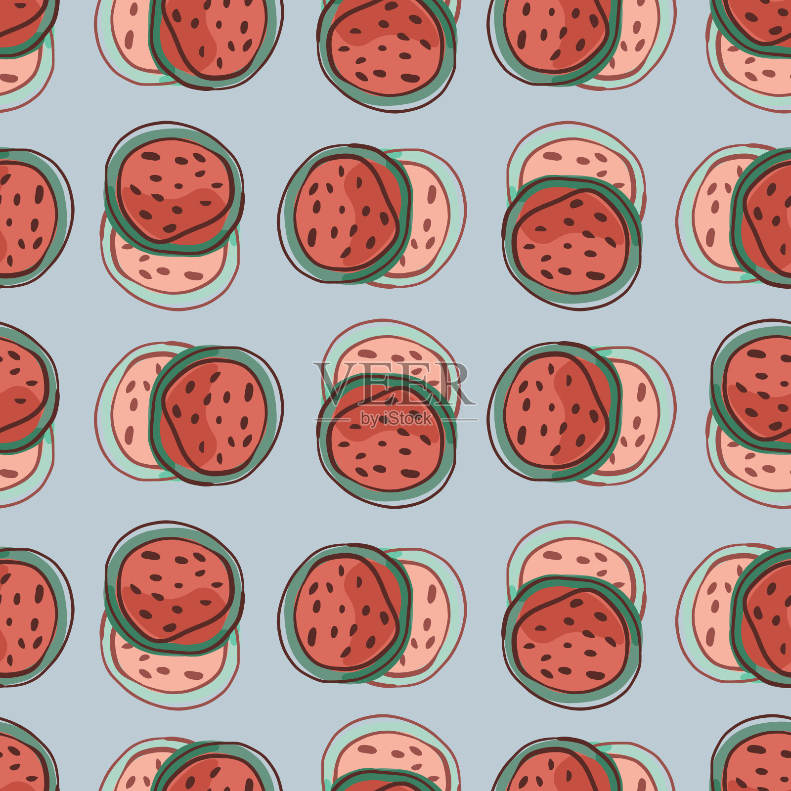 健康无缝图案与红色西瓜元素打印。蓝色背景。天然维生素点缀。插画图片素材