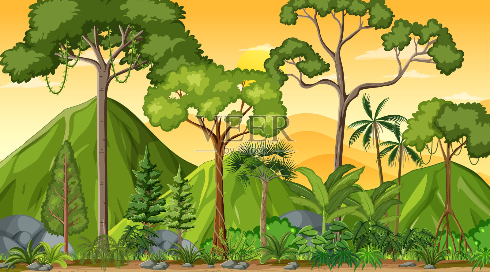 日落时分的森林景观有许多不同的树木插画图片素材