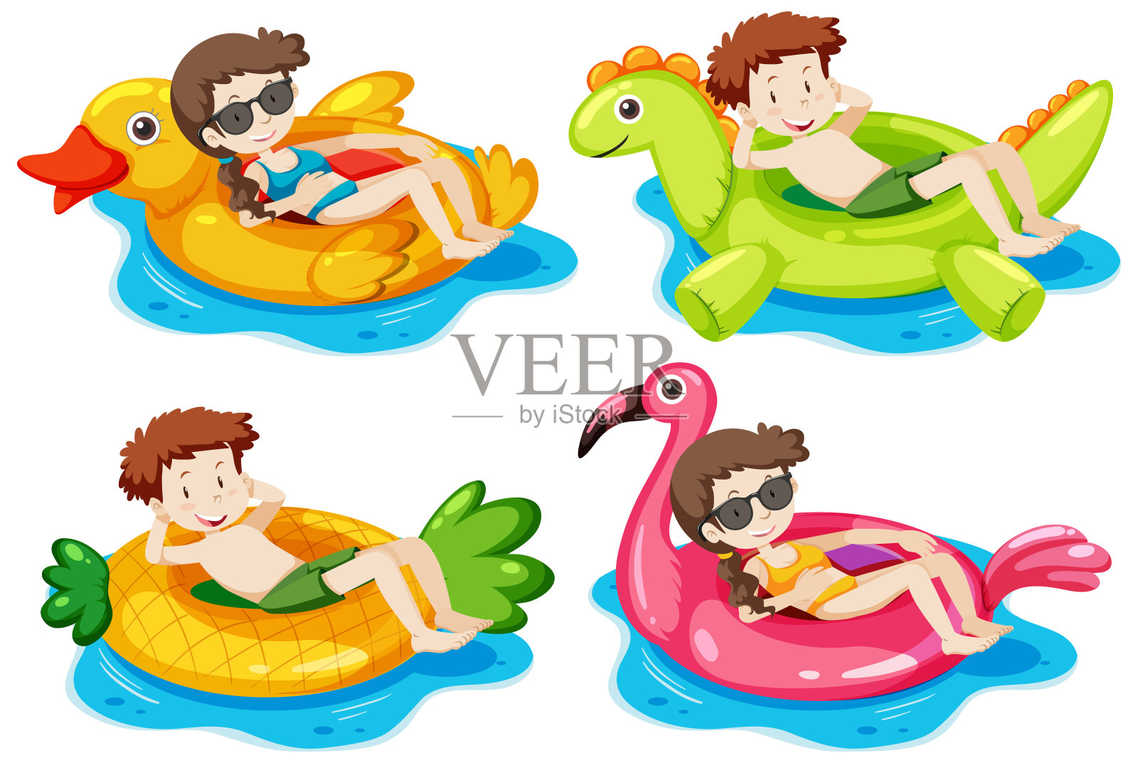 一组孩子孤立地躺在水里的游泳圈上插画图片素材