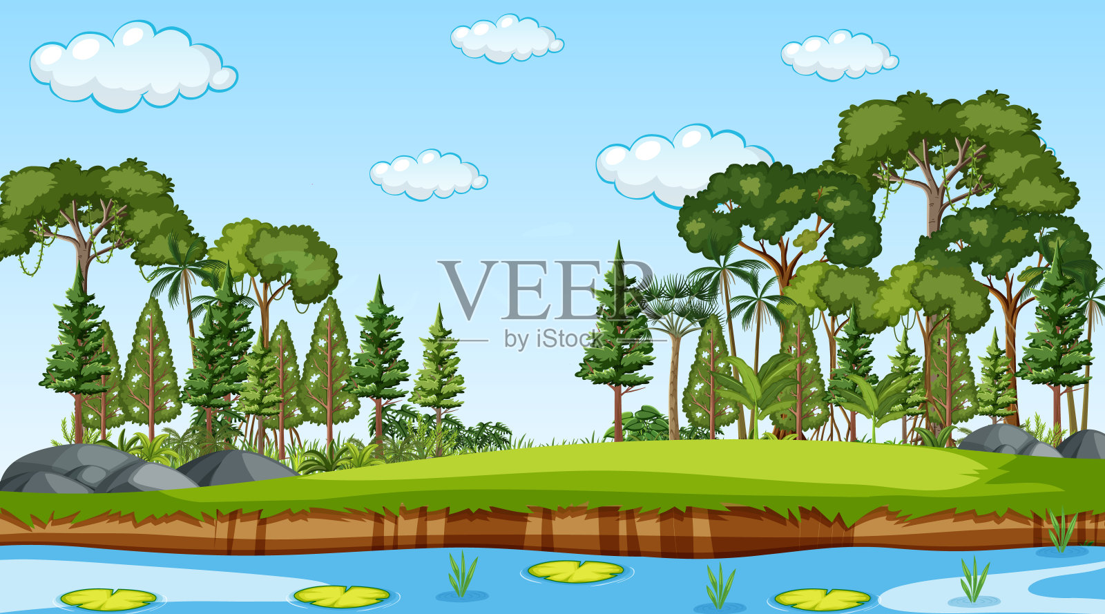 自然森林景观在白天的场景与河流流过森林插画图片素材