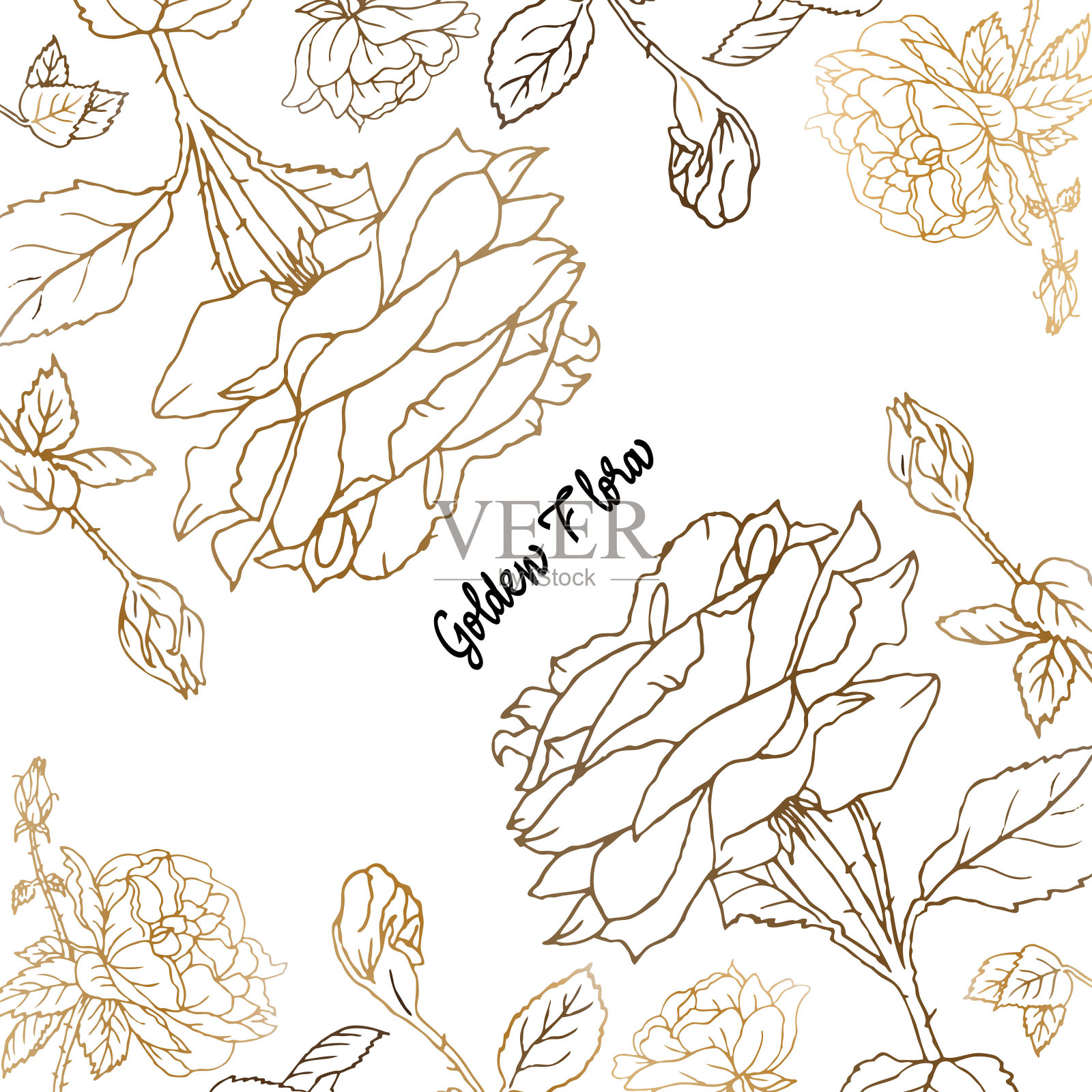 玫瑰花金线艺术花卉背景设计插画图片素材