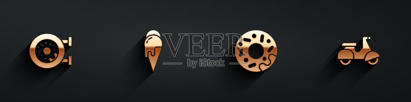 设置甜甜圈冰淇淋和摩托车送货图标图标素材