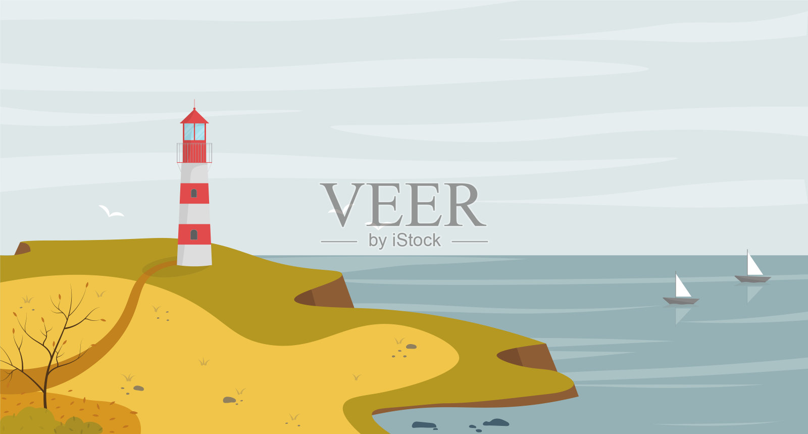 海滨灯塔，秋季海景景观。插画图片素材
