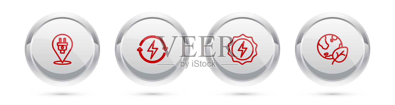 设置电源插头、充电、闪电、地球仪和叶片。银圈按钮。向量设计元素图片