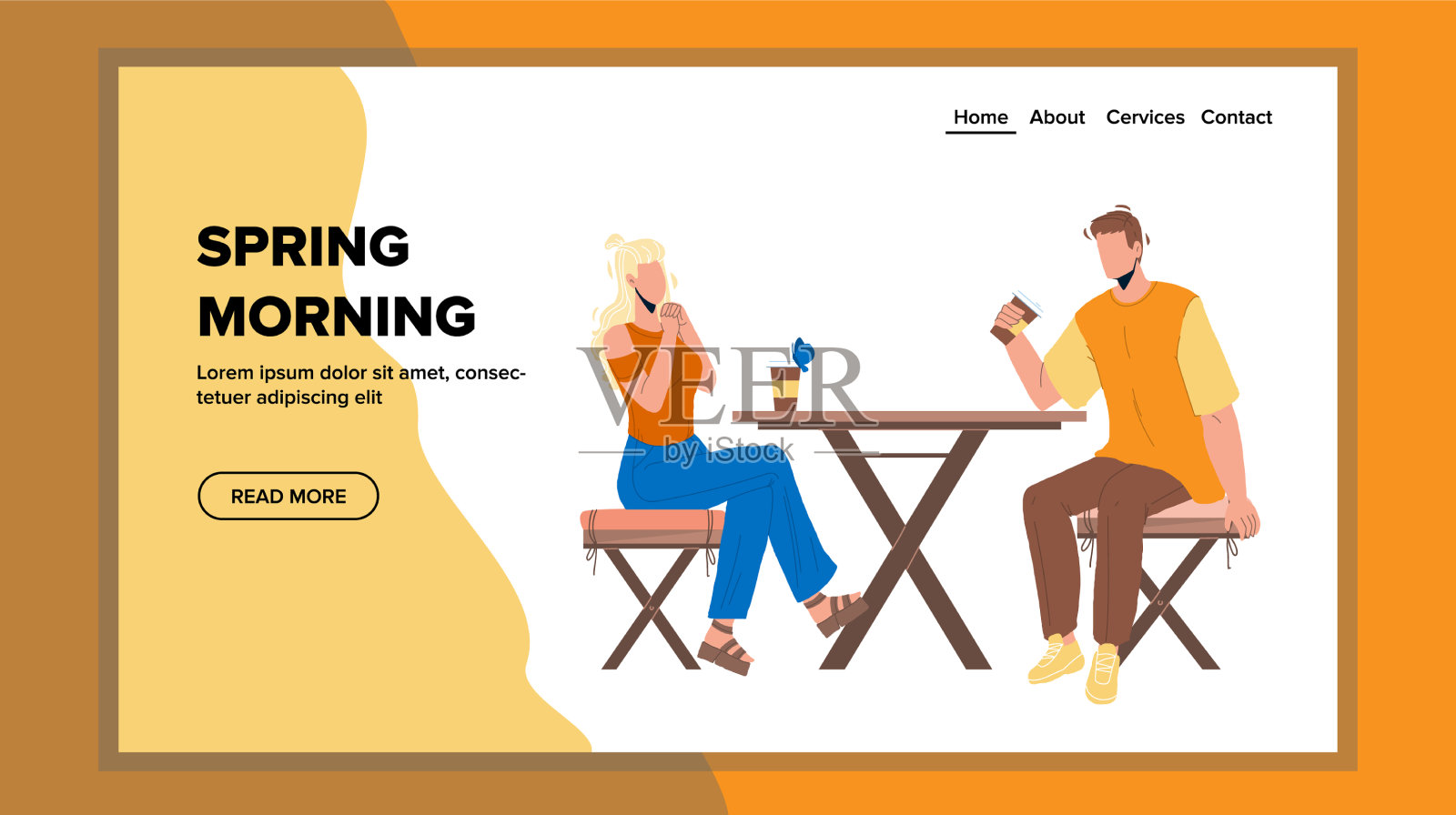 春天早晨男孩和女孩喝咖啡设计模板素材