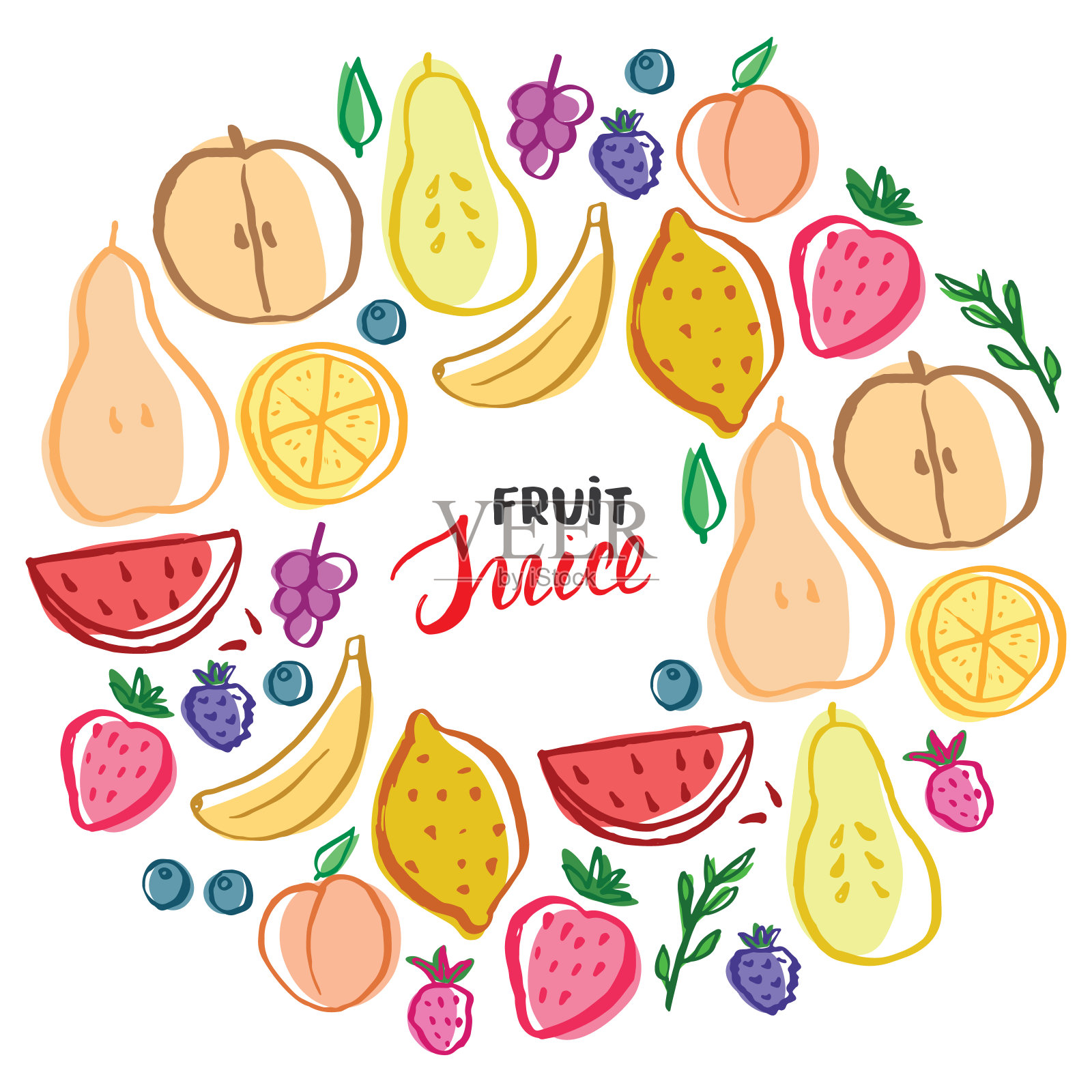水果套装，收集多汁的水果，苹果，梨，草莓，橙子片，桃子，李子，香蕉，西瓜，木瓜，葡萄，柠檬和浆果。矢量图插画图片素材