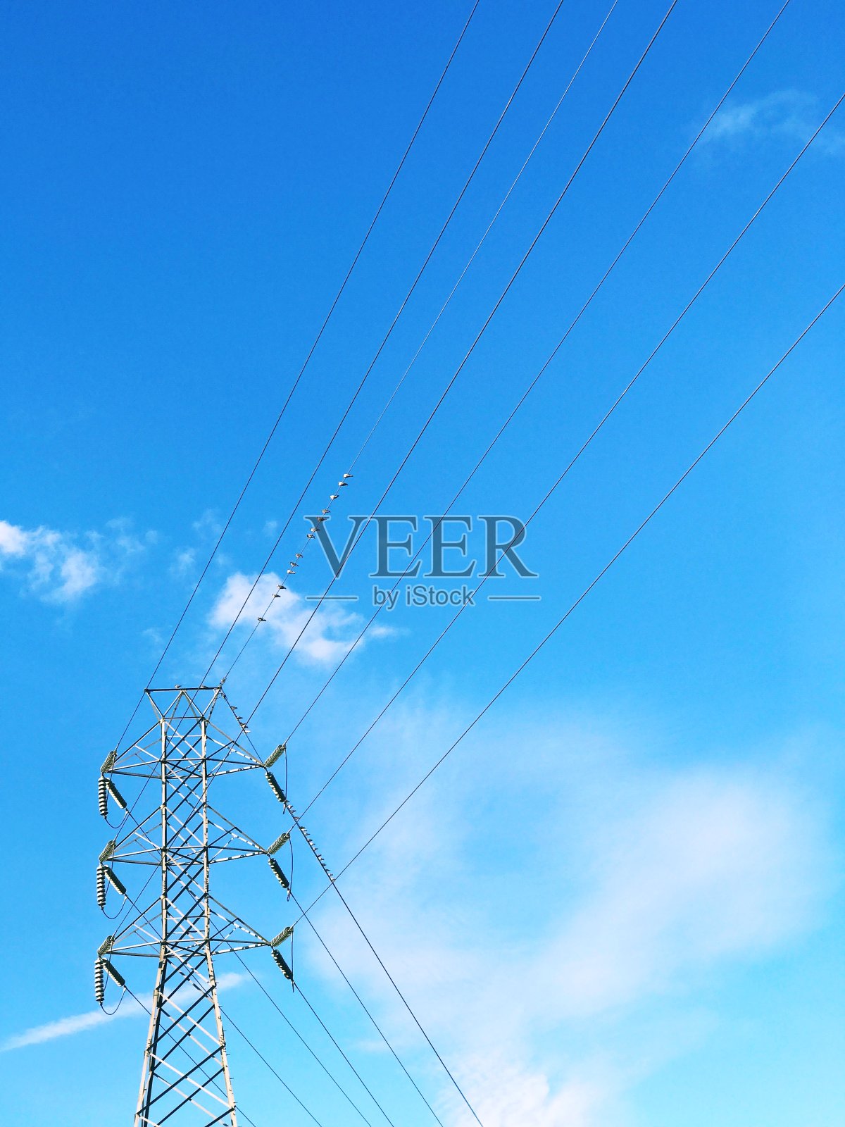 高压线悬挂在塔架上照片摄影图片