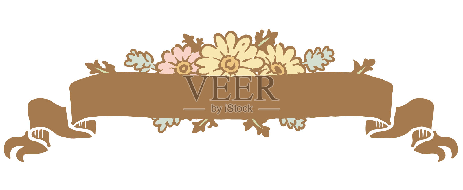 装饰框架与鲜花和复古风格的丝带。设计元素图片