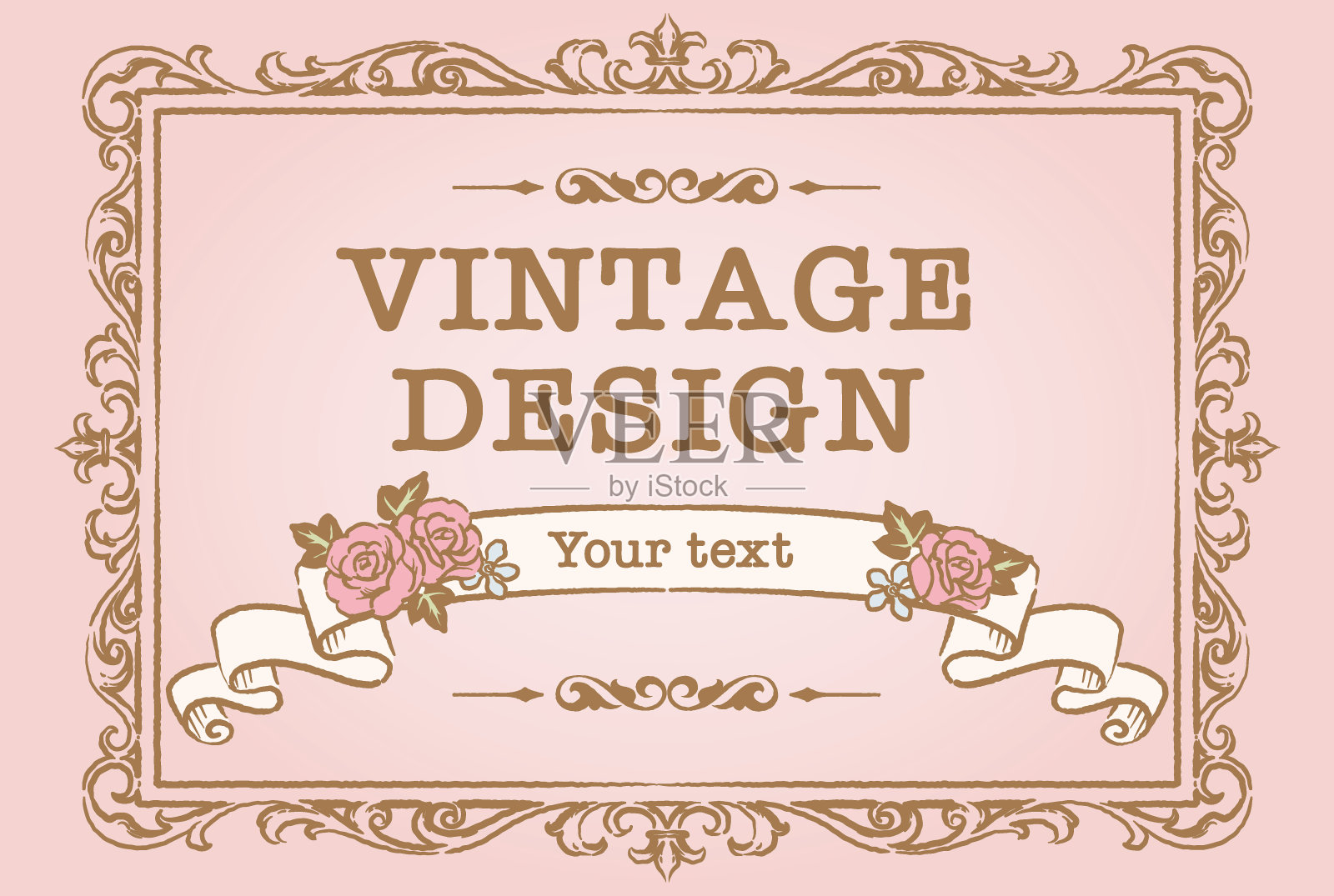 装饰复古框架和元素与丝带和花在古董风格。插画图片素材