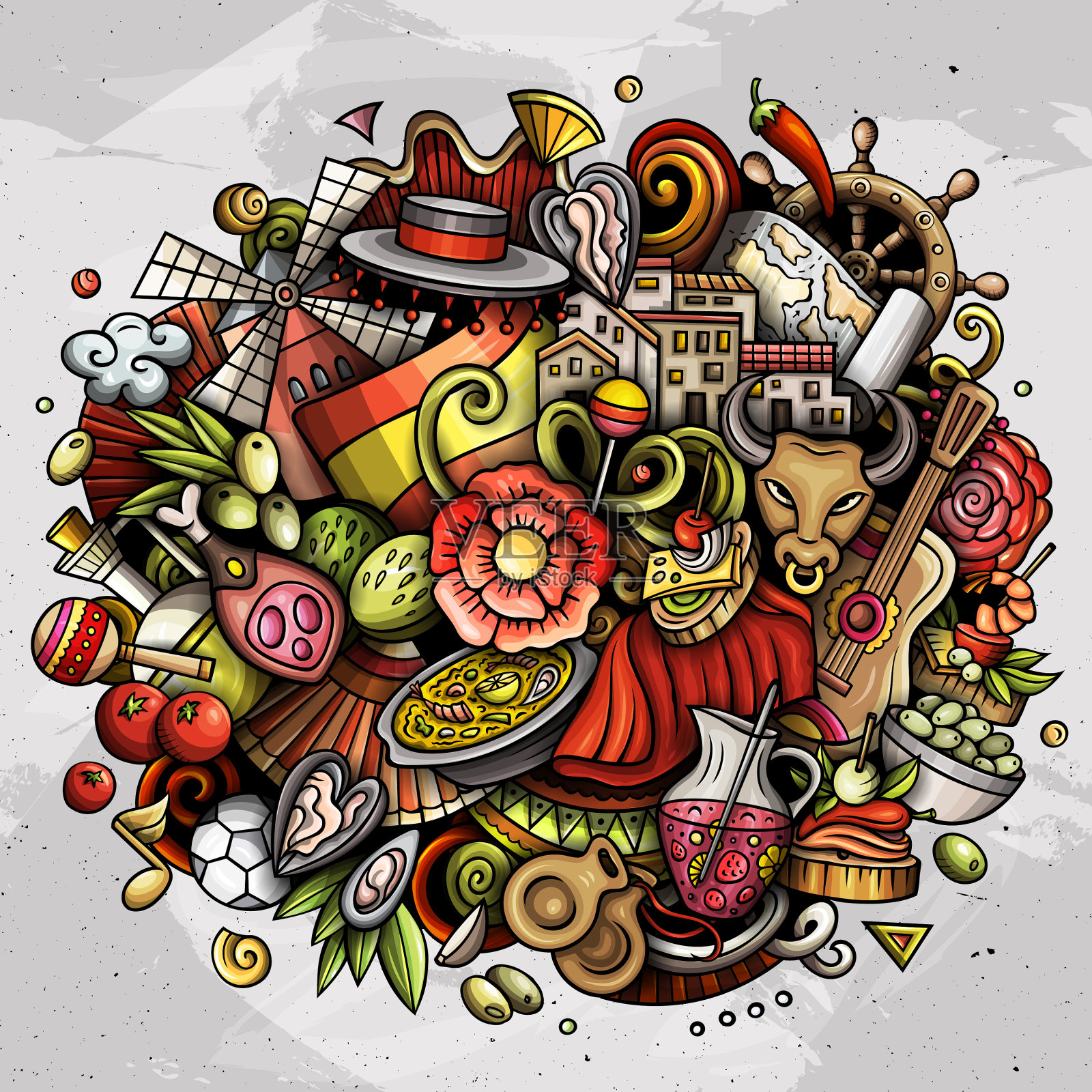 西班牙手绘卡通涂鸦插画图片素材