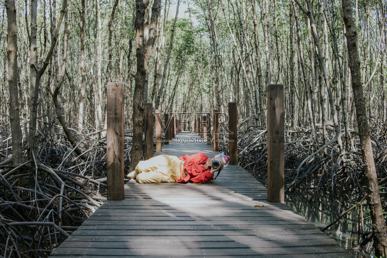 爱好摄影的奶奶躺在木桥上拍照片——照片素材照片摄影图片