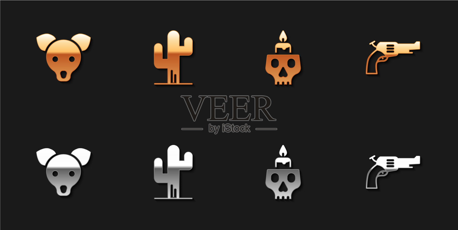 把狗仙人掌点燃的蜡烛放在头骨上图标素材