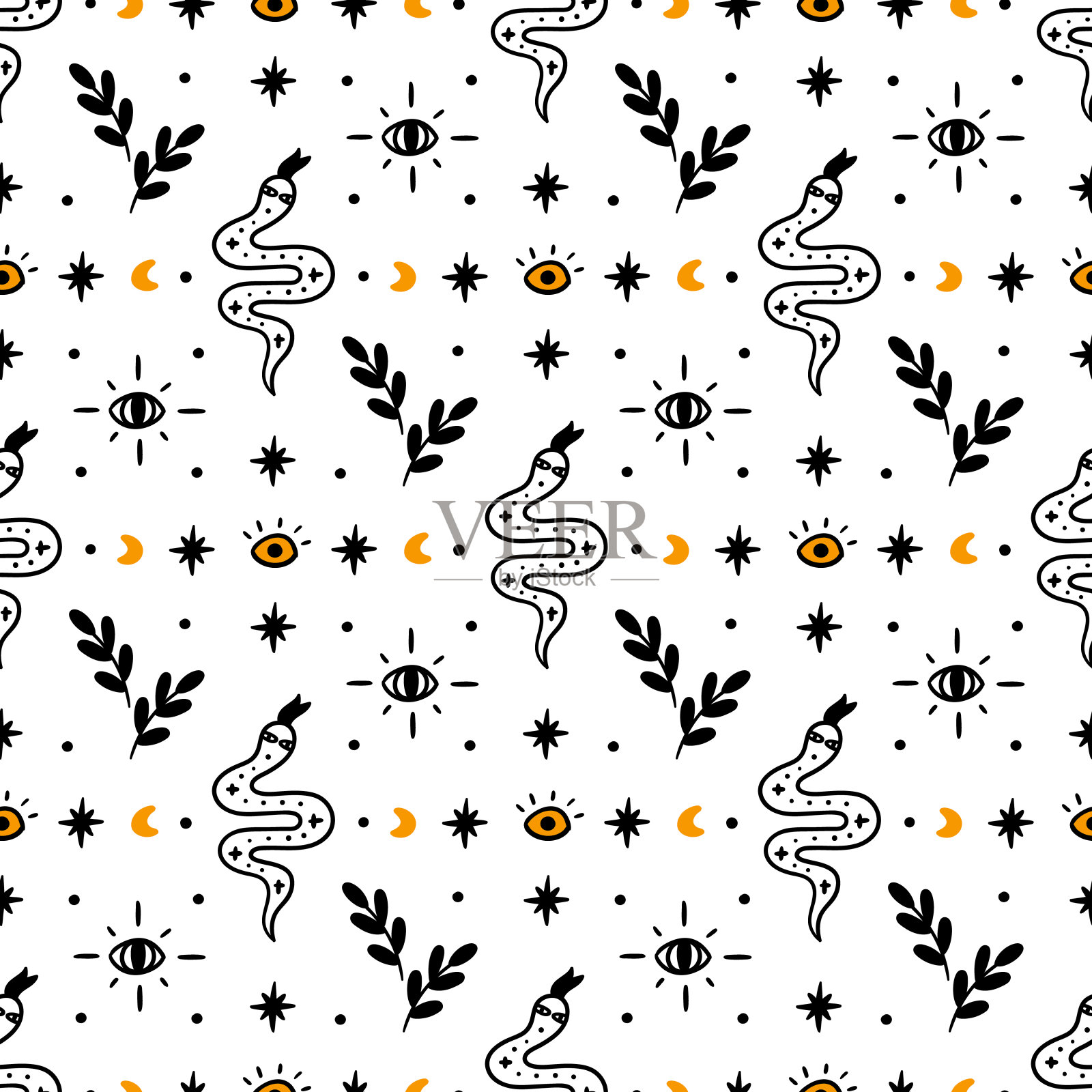 魔法图案有蛇，草药，星星，月亮，睁开的眼睛。插画图片素材