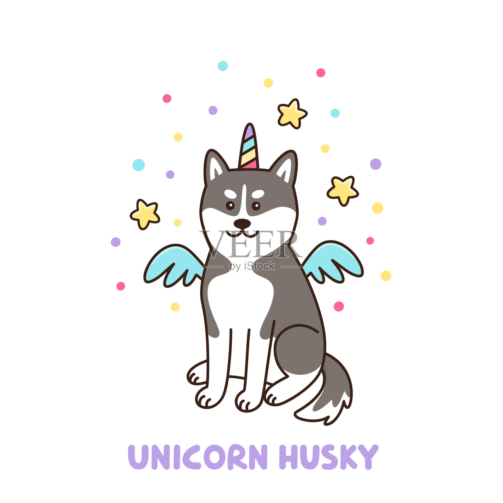 西伯利亚哈士奇狗穿着独角兽服装，有彩色的角和翅膀。插画图片素材