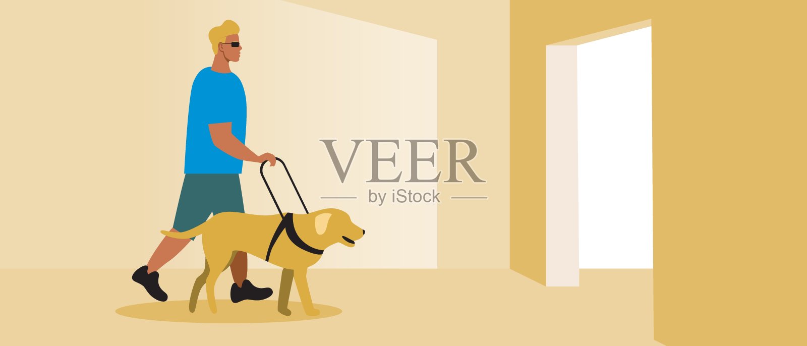 盲人残疾人士与导盲犬，室内入口，平面矢量股票插图与门口的视障人士，移动与狗设计模板素材