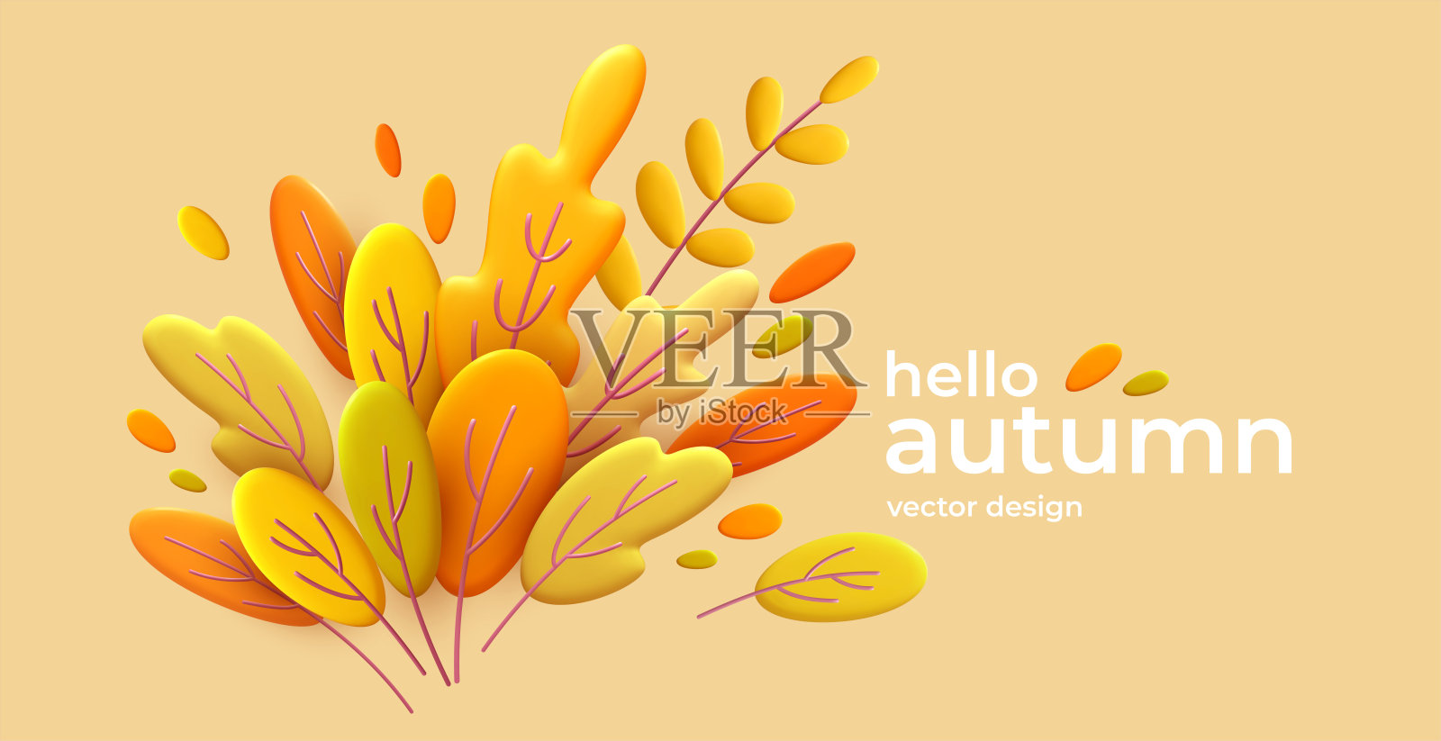 Hello Autumn 3d最小背景与秋天的黄色，橙色的叶子。3d秋天的树叶背景设计秋天的横幅，海报，广告，卡片，销售。矢量图插画图片素材
