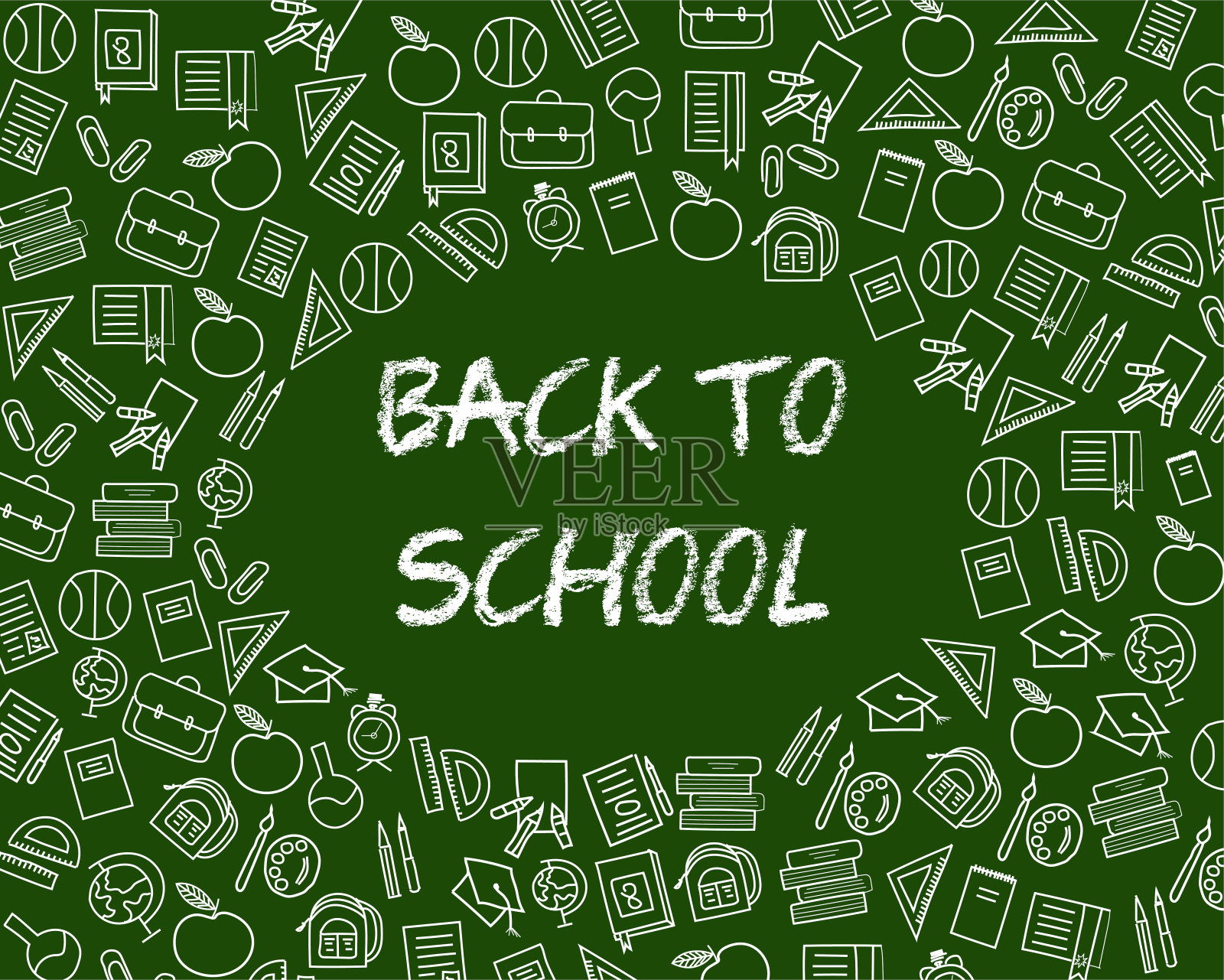 回到学校，用彩色粉笔在黑板上画上学校的物品和元素。矢量图照片摄影图片