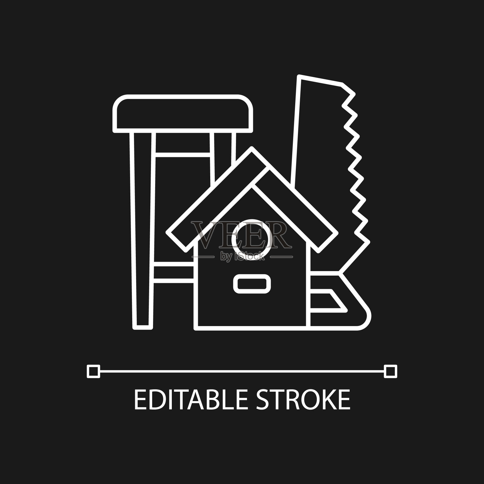 木工白色线性图标为黑暗的主题插画图片素材