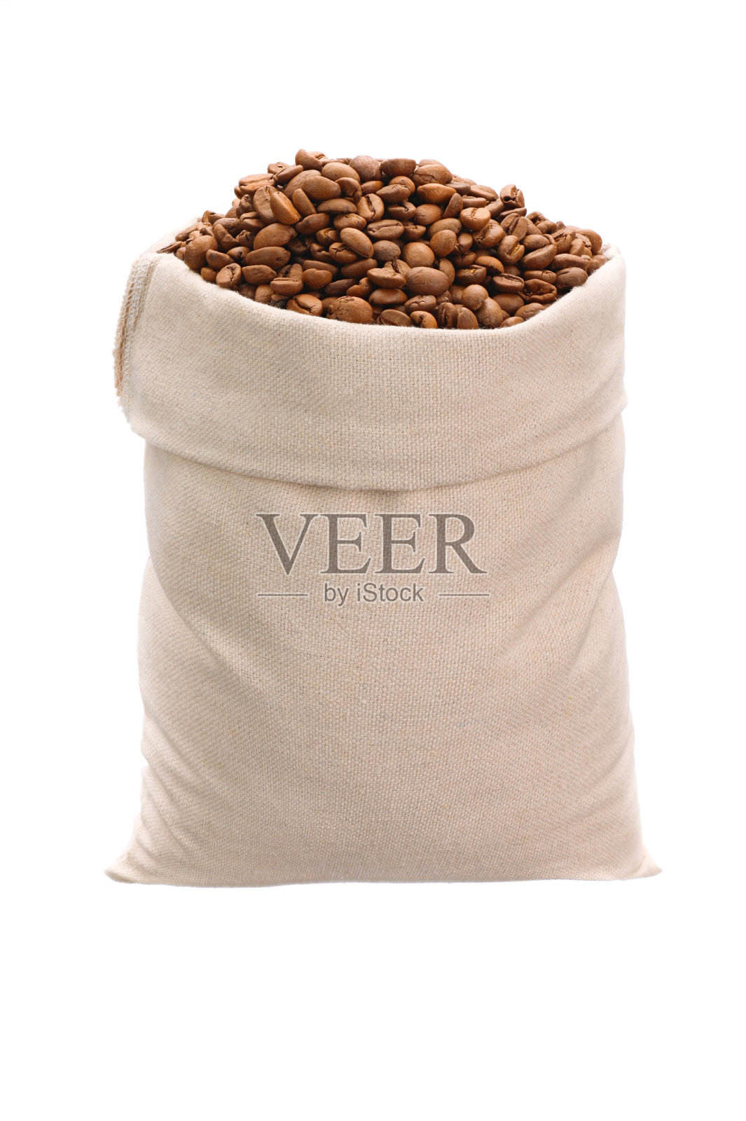 新鲜烘焙的咖啡豆装在一个由天然织物制成的袋子里，背景是白色的照片摄影图片