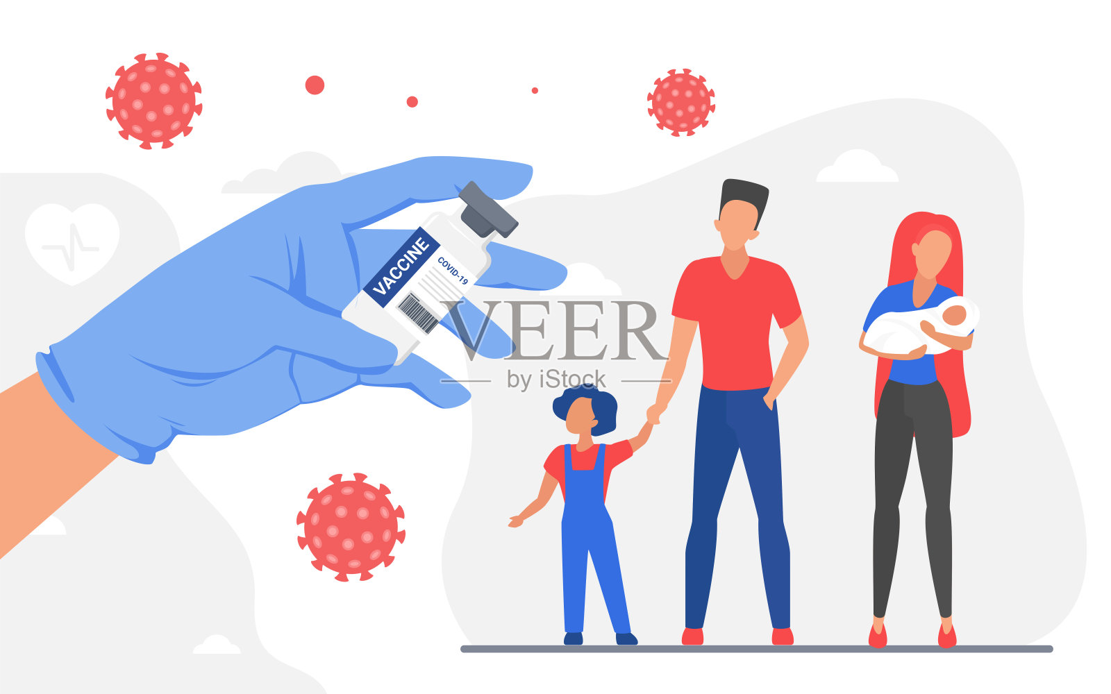 家庭冠状病毒疫苗防护，医生手持疫苗药瓶插画图片素材