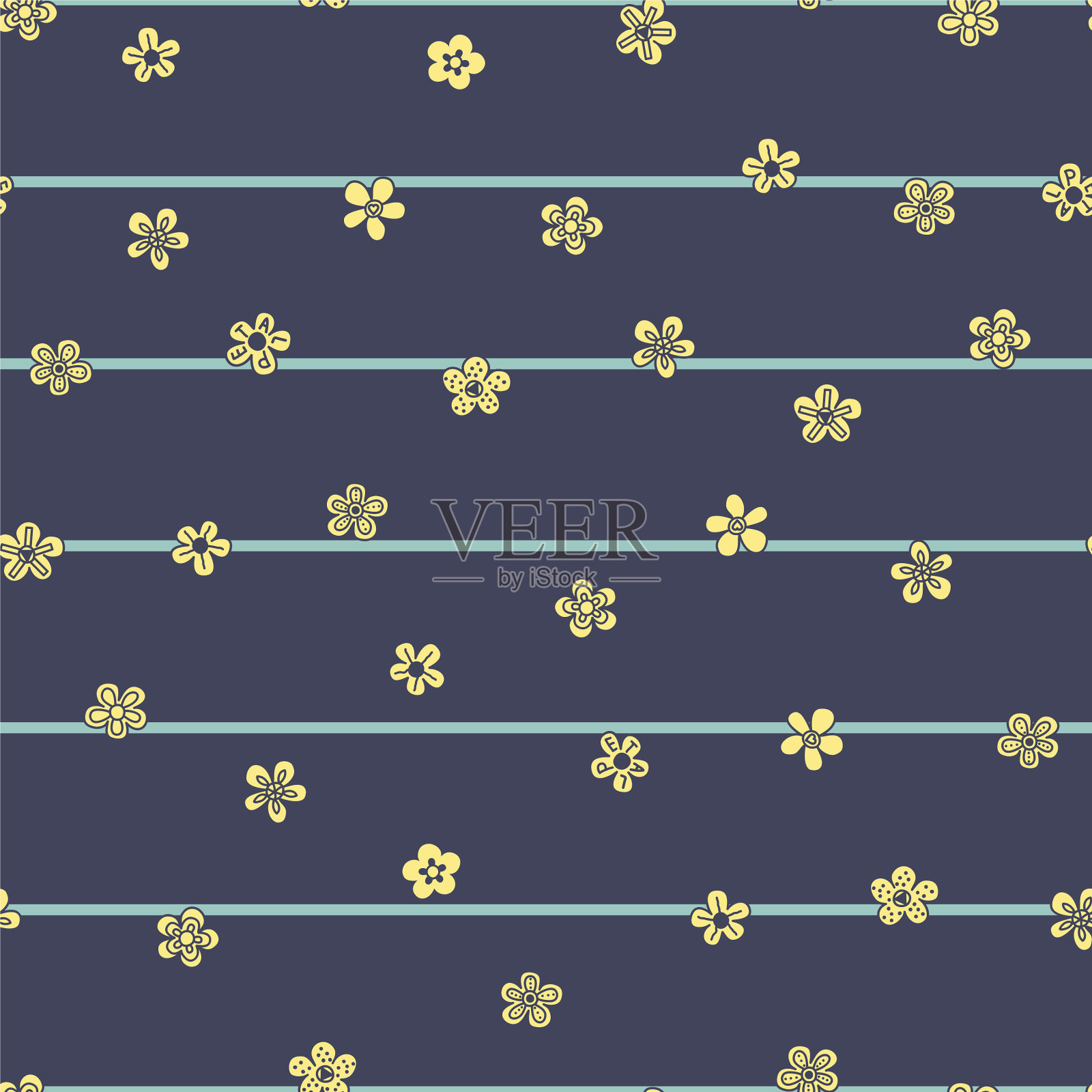 蓝色，花和条纹重复图案插画图片素材