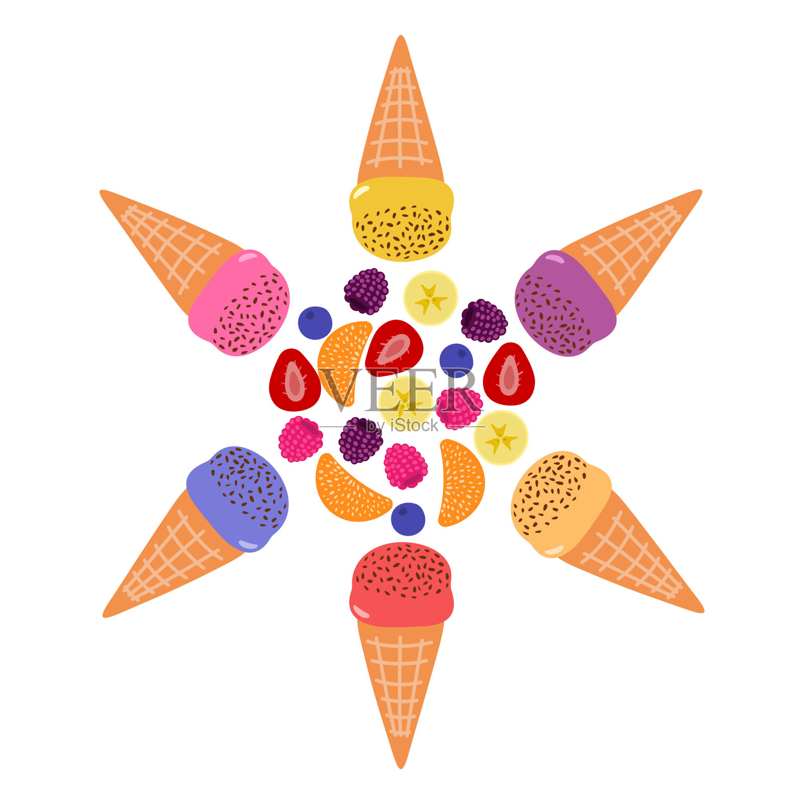 矢量收集了不同口味的彩色冰淇淋:草莓，橘子，蓝莓，覆盆子，黑莓，香蕉。白色背景上的插图。插画图片素材