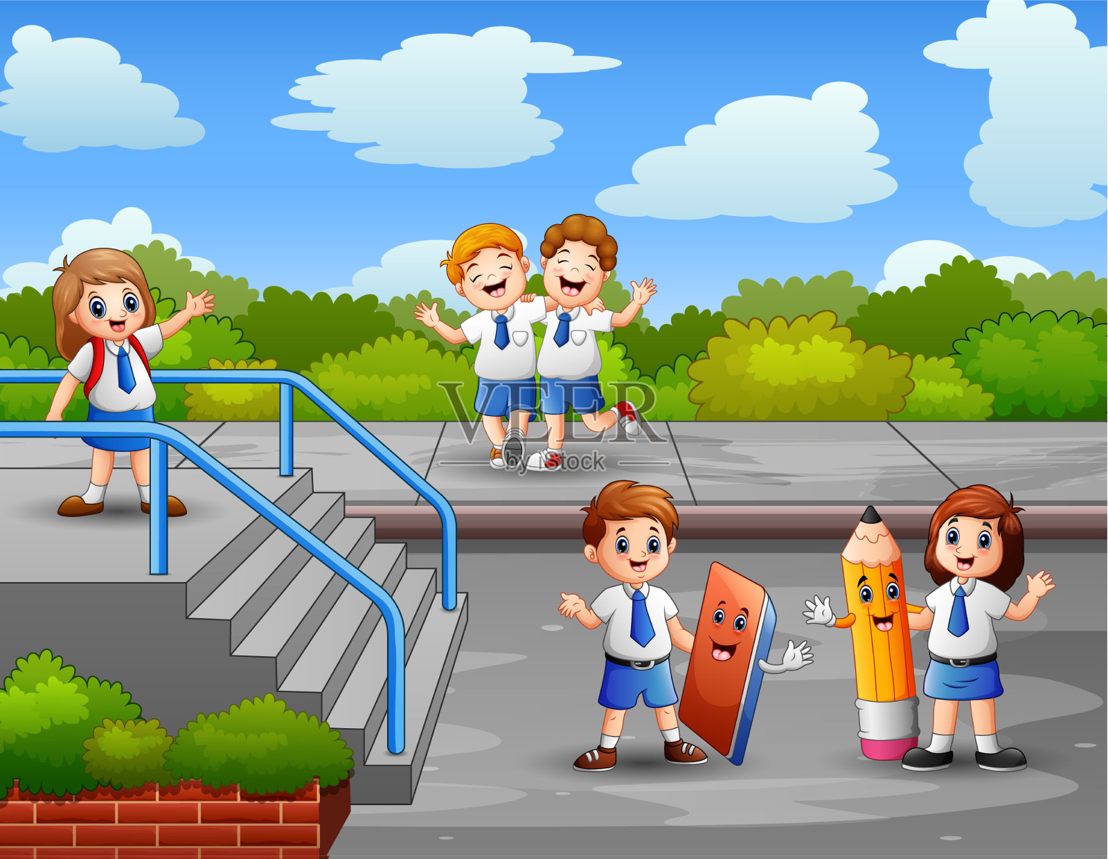 快乐的学生在户外玩耍插画图片素材